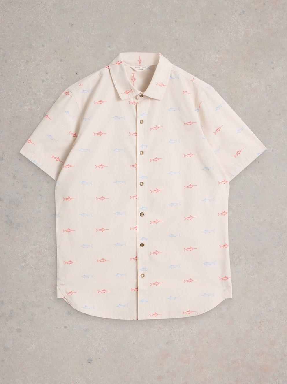 Finsbury Fish Printed Shirt in WHITE PR - FLAT FRONT