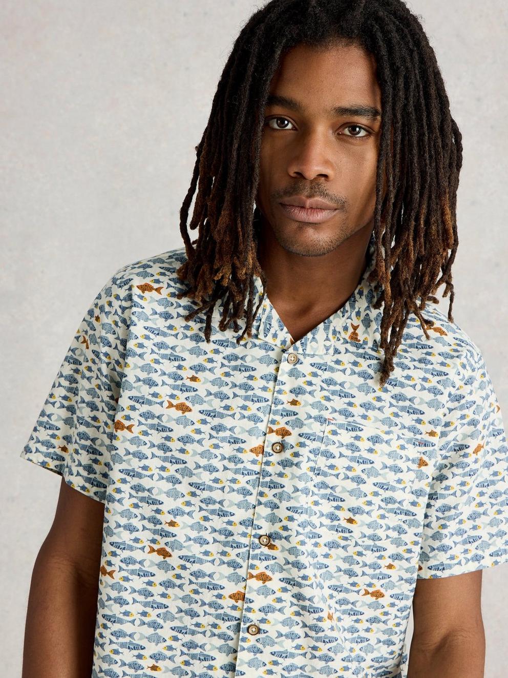 Hayle Fish Printed Shirt in WHITE PR - MODEL DETAIL