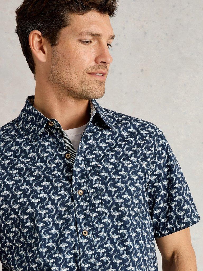 Finsbury Koi Printed Shirt in NAVY PR - MODEL DETAIL