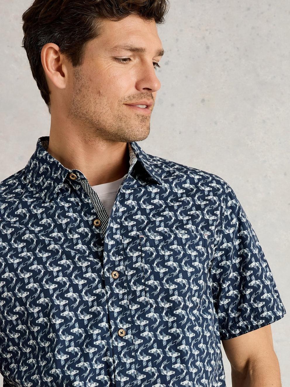 Finsbury Koi Printed Shirt in NAVY PR - MODEL DETAIL