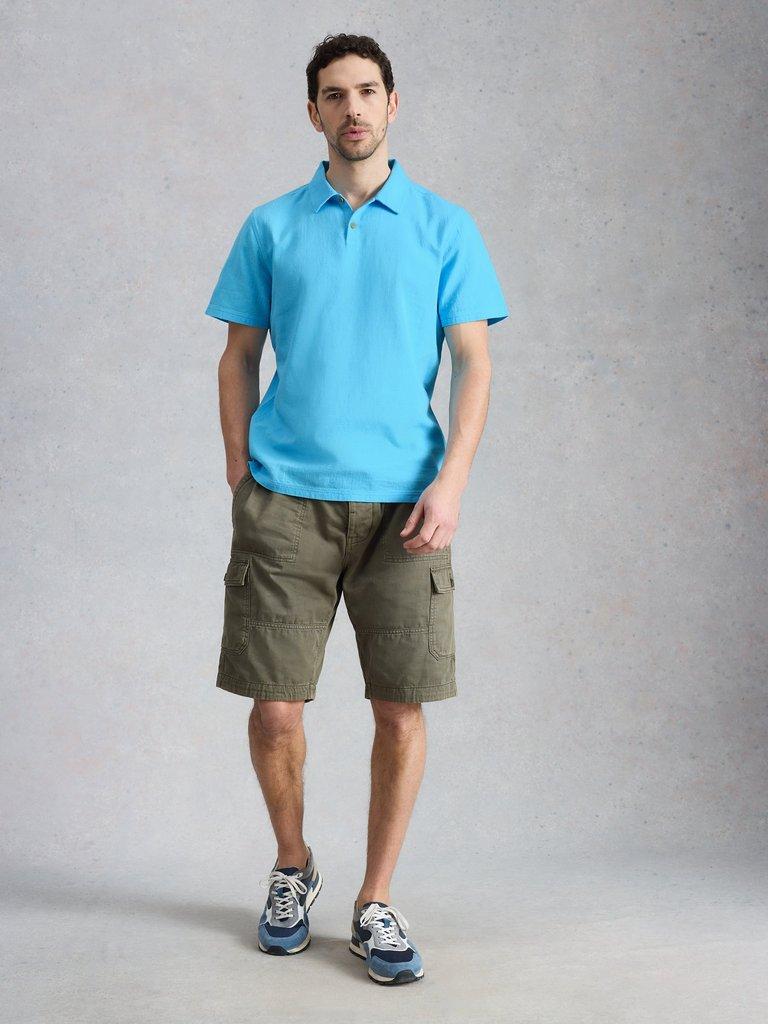 Anderby Woven Polo in MID BLUE - MODEL FRONT