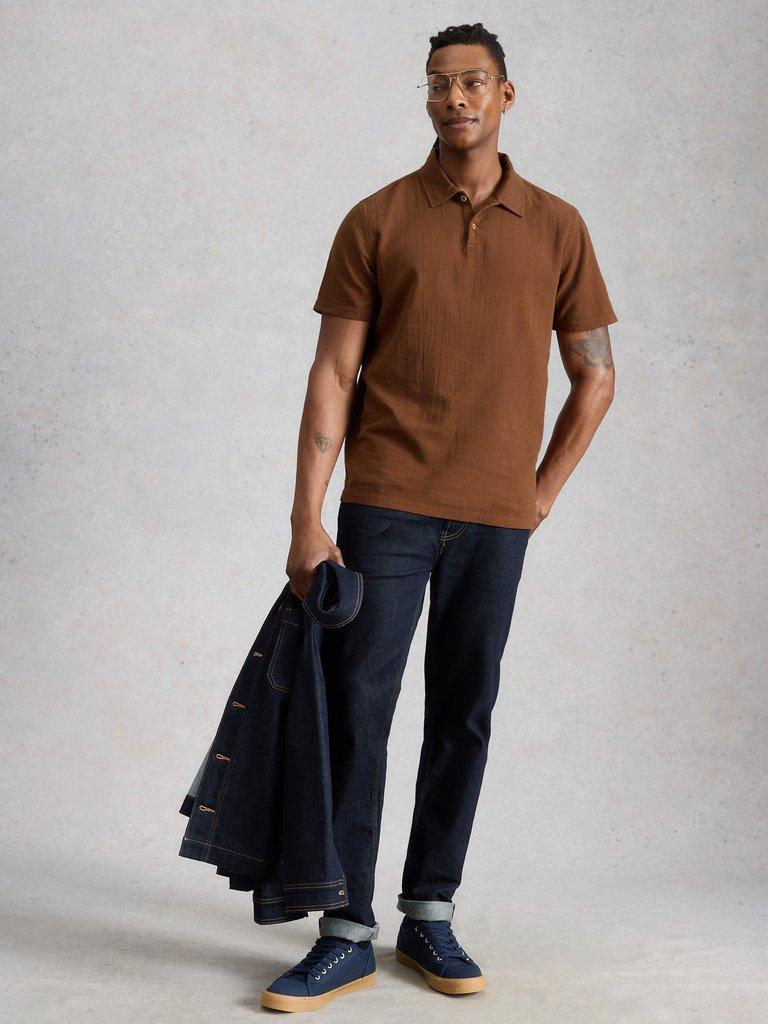 Anderby Woven Polo in MID BROWN - MODEL FRONT