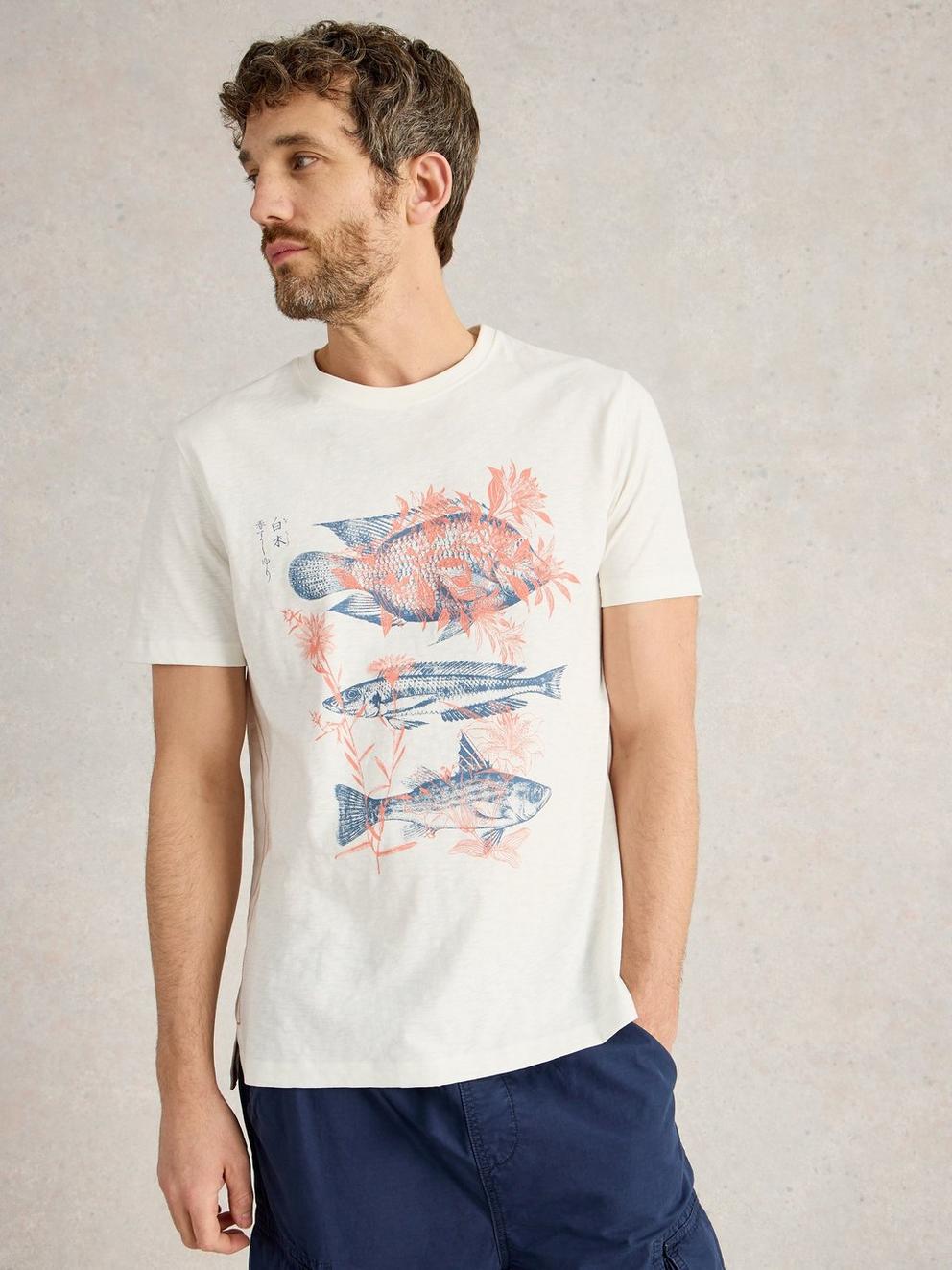 Abersoch Fishes Graphic SS Tee in WHITE PR - MODEL DETAIL