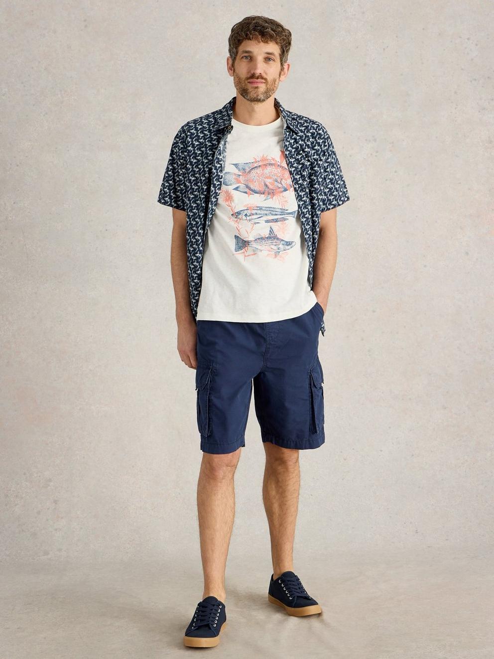 Abersoch Fishes Graphic SS Tee in WHITE PR - MODEL FRONT
