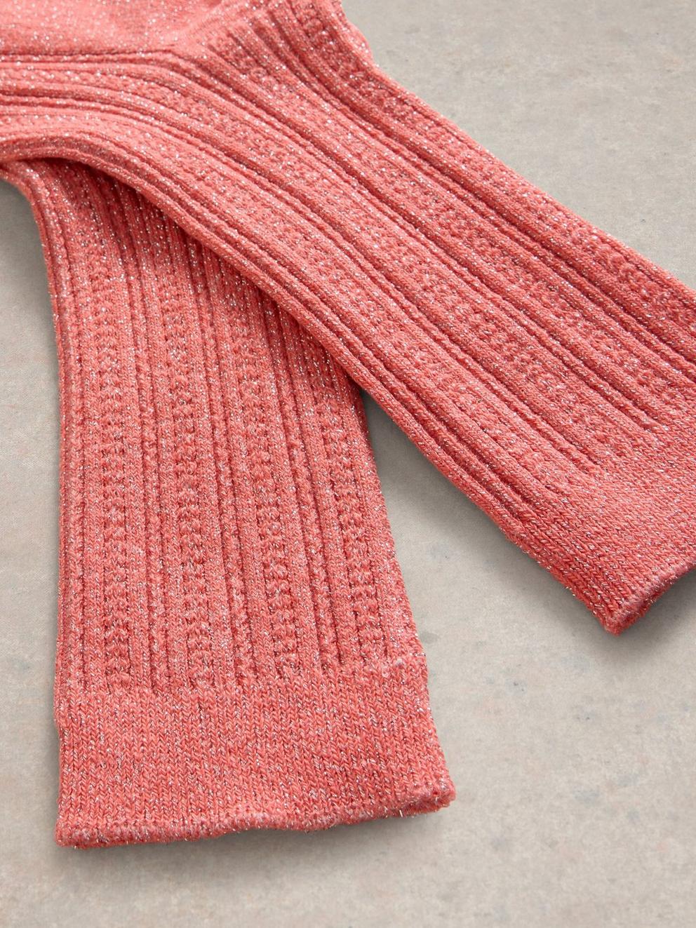 Sparkle Cable Ankle Sock in MID CORAL - FLAT DETAIL