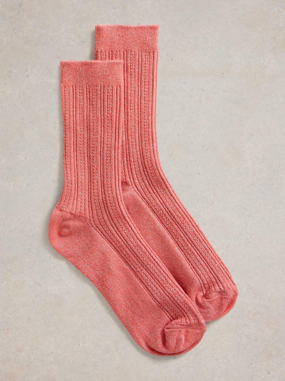 Sparkle Cable Ankle Sock in MID CORAL - FLAT FRONT