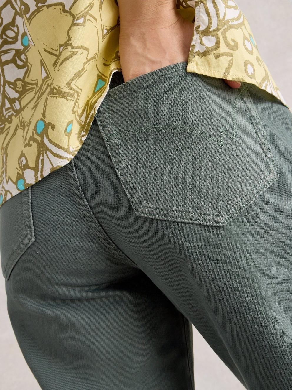 Tilly Tapered Ankle Length Jean in MID GREEN - MODEL DETAIL