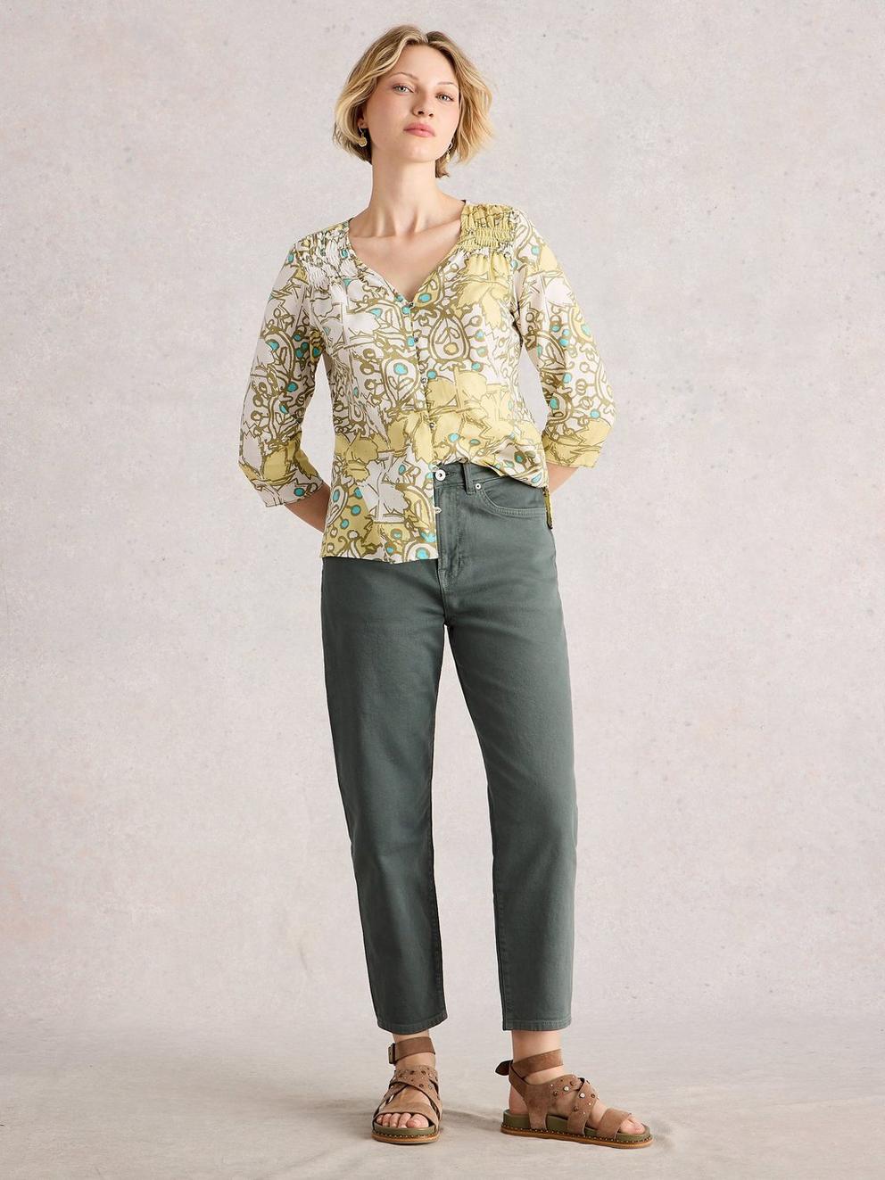 Tilly Tapered Ankle Length Jean in MID GREEN - MODEL FRONT