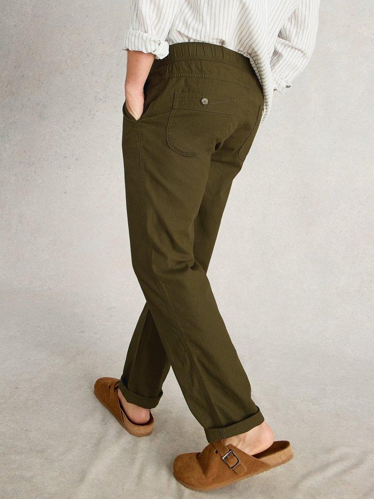Drawstring Linen Blend Trouser in KHAKI GRN - MODEL BACK