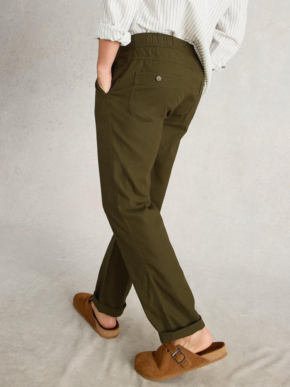 Drawstring Linen Blend Trouser in KHAKI GRN - MODEL BACK