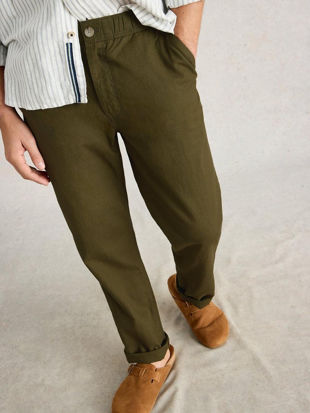 Drawstring Linen Blend Trouser in KHAKI GRN - MODEL DETAIL