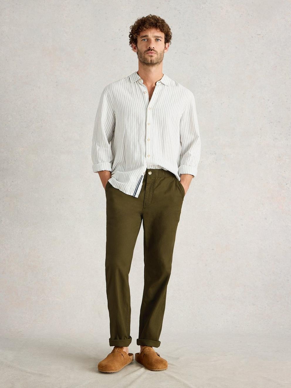 Drawstring Linen Blend Trouser in KHAKI GRN - MODEL FRONT