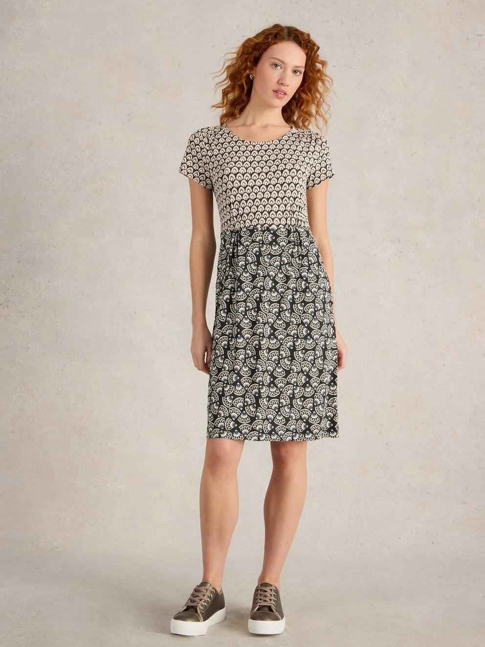 Tallie Crew Neck Jersey Dress in BLK PR - MODEL FRONT