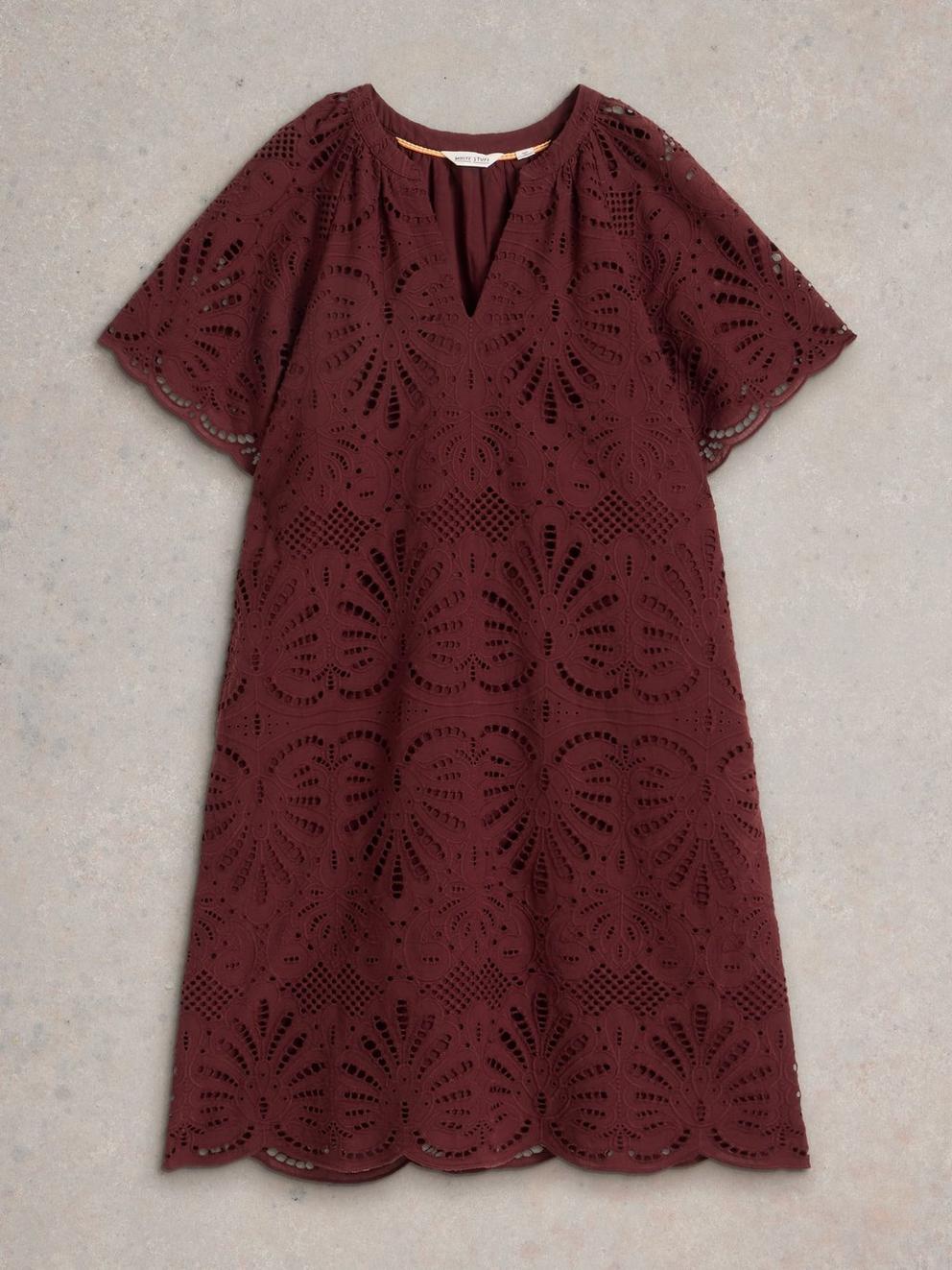 Lindsay Broderie Dress in DK RED - FLAT FRONT