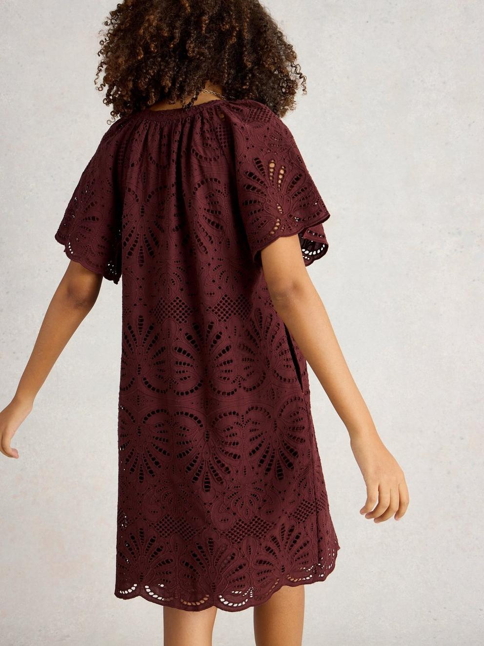 Lindsay Broderie Dress in DK RED - MODEL BACK