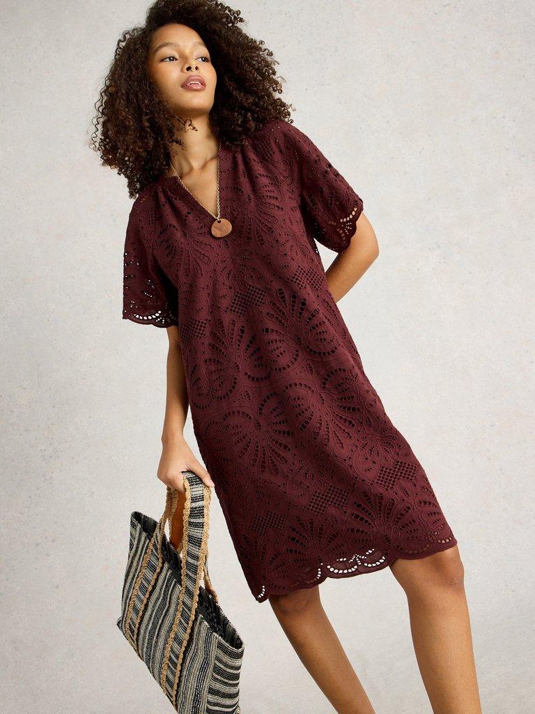Lindsay Broderie Dress in DK RED - MODEL DETAIL
