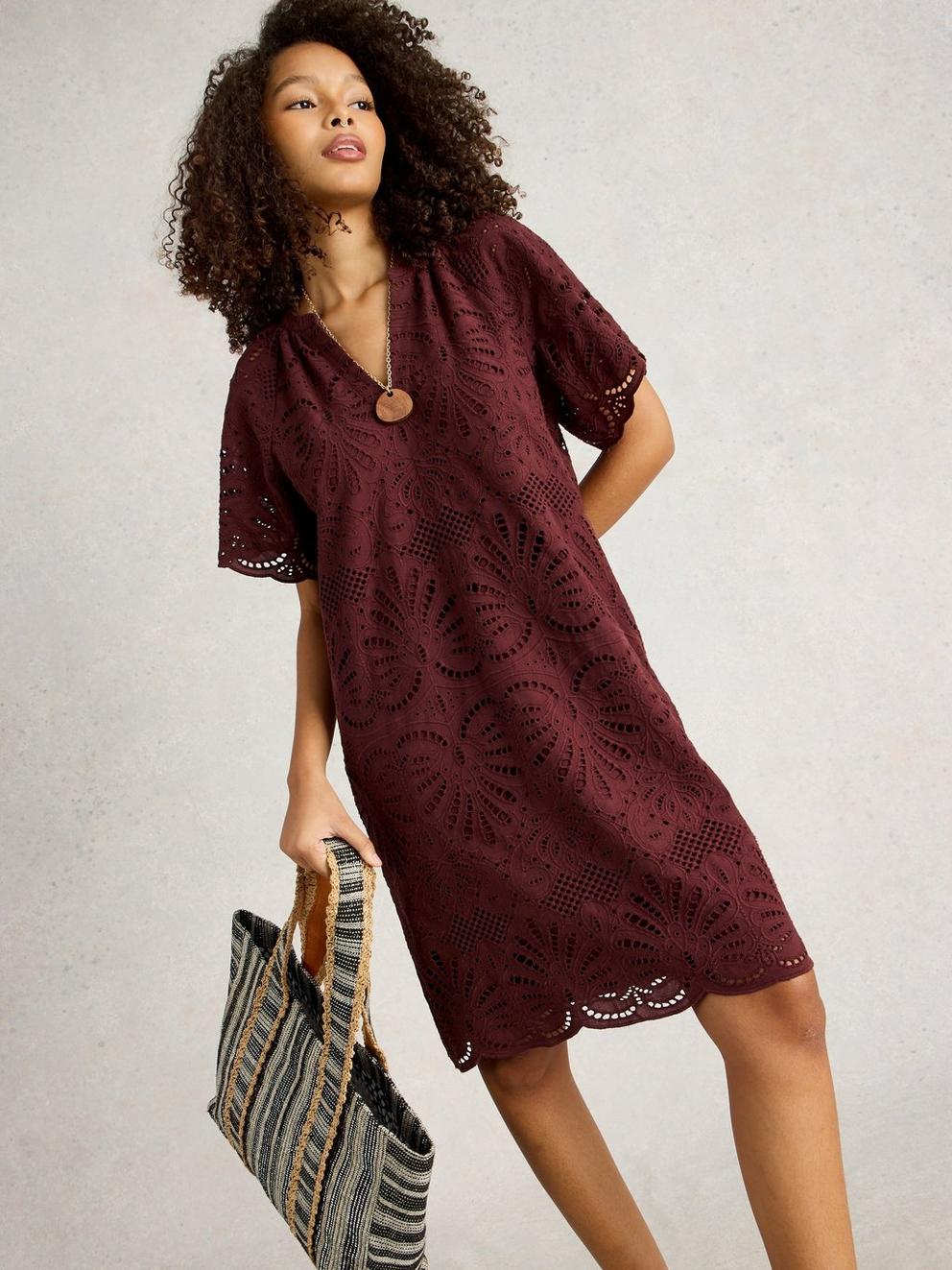 Lindsay Broderie Dress in DK RED - MODEL DETAIL