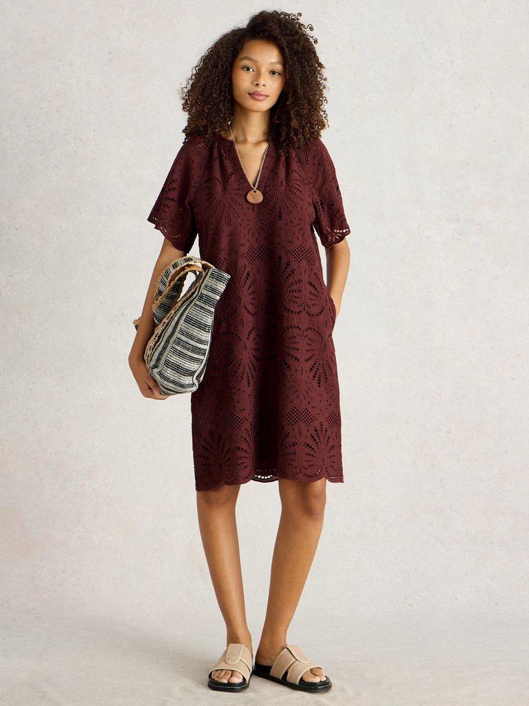 Lindsay Broderie Dress in DK RED - MODEL FRONT