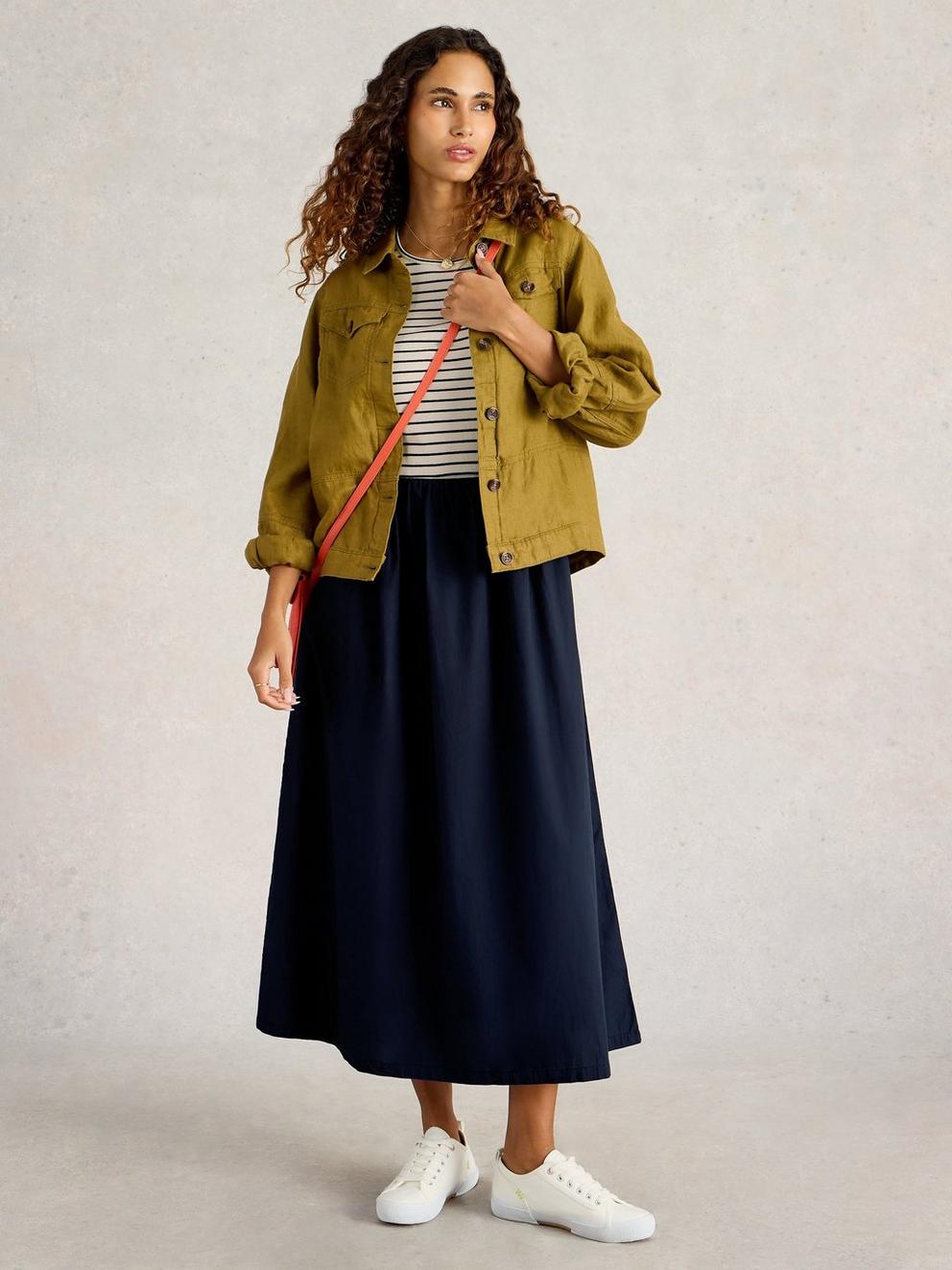 Shay Poplin Midi Dress  in DARK NAVY - MODEL FRONT
