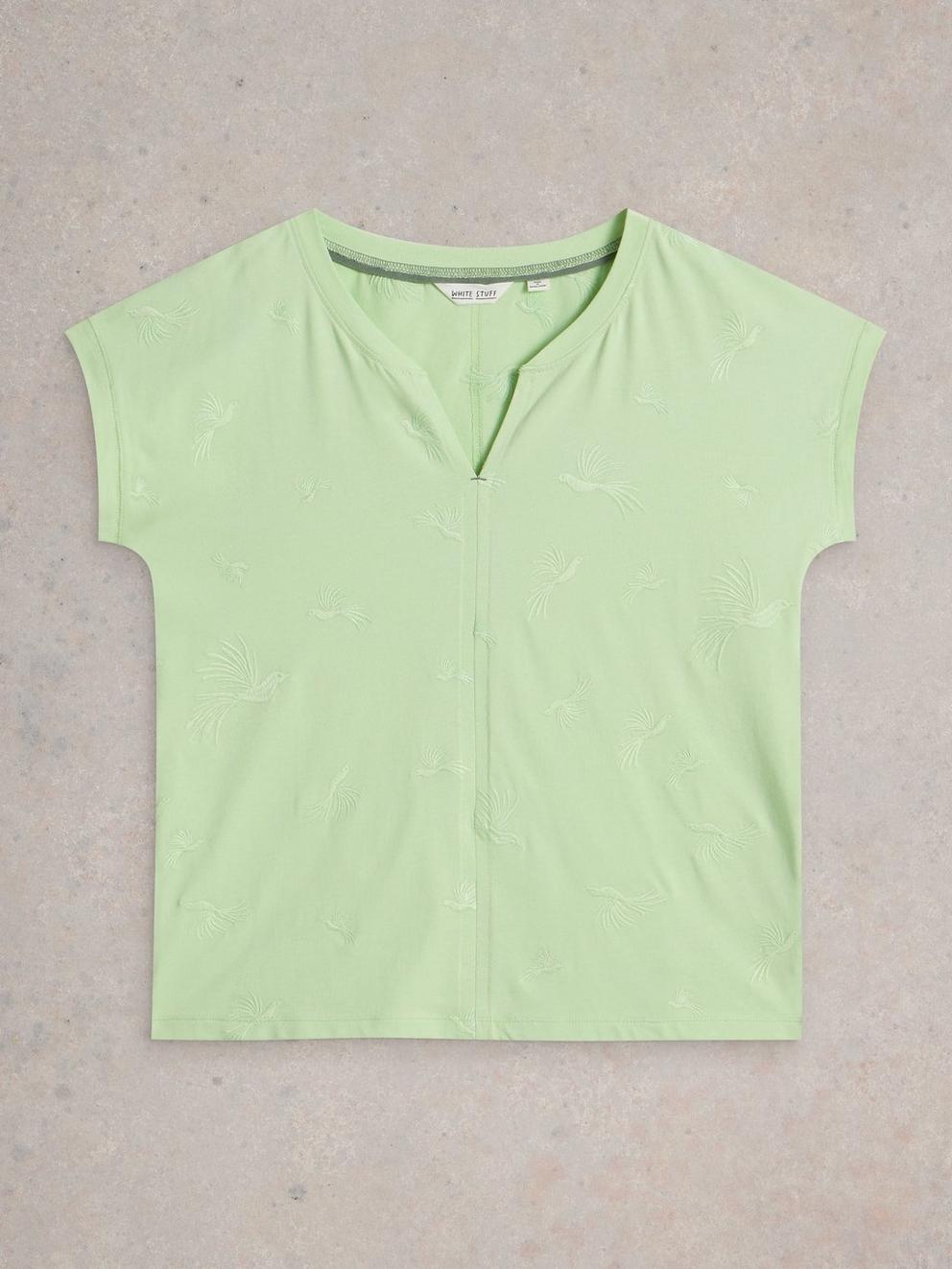 NELLY EMBROIDERED SHORT SLEEVE TEE in LGT GREEN - FLAT FRONT