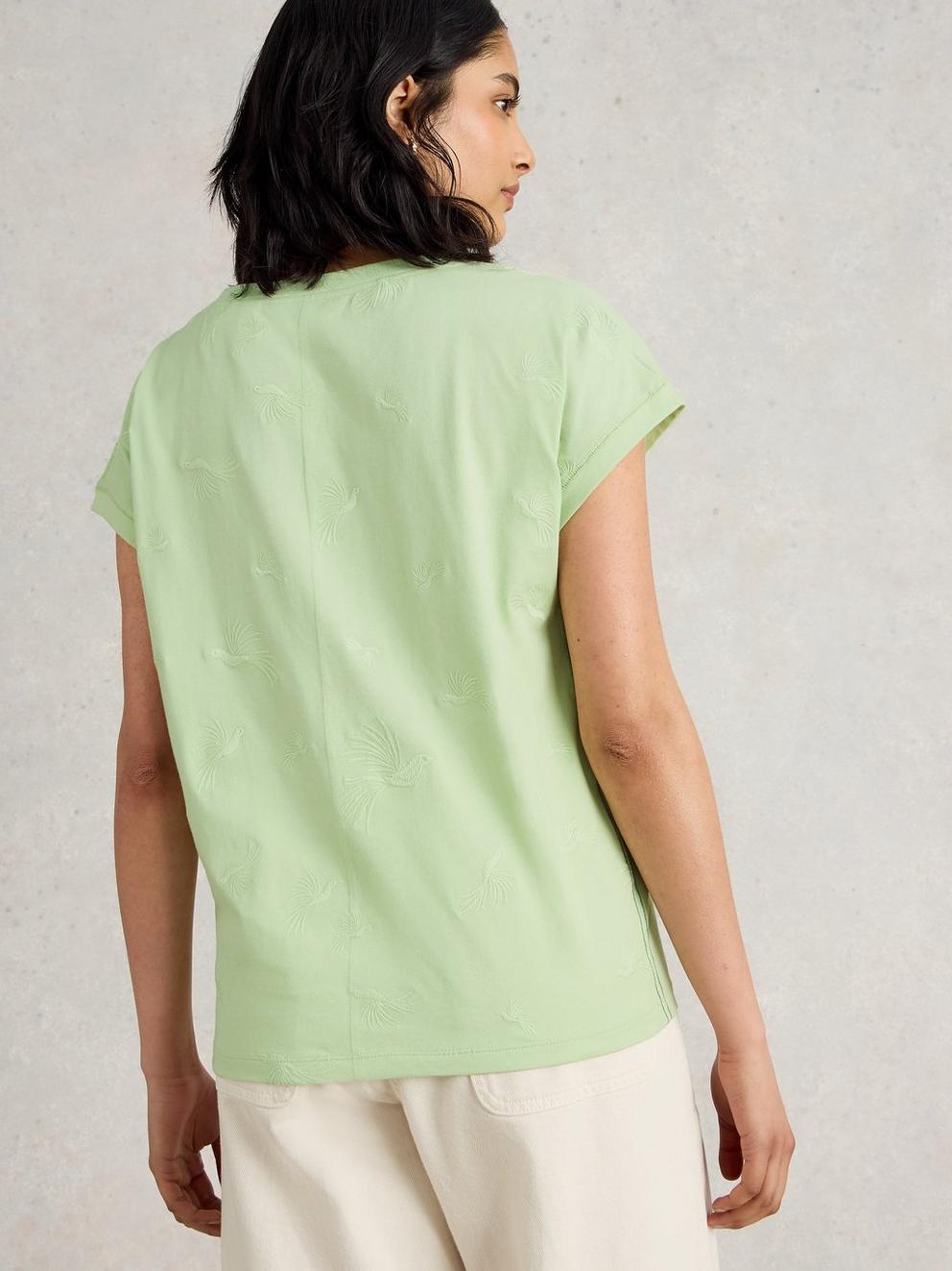 NELLY EMBROIDERED SHORT SLEEVE TEE in LGT GREEN - MODEL BACK