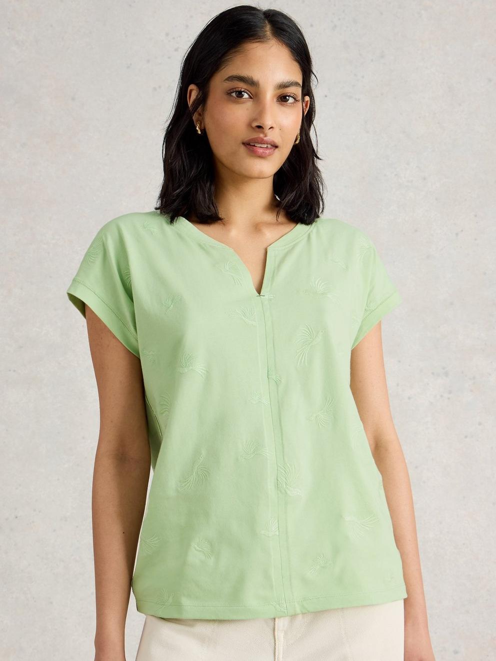NELLY EMBROIDERED SHORT SLEEVE TEE in LGT GREEN - MODEL DETAIL