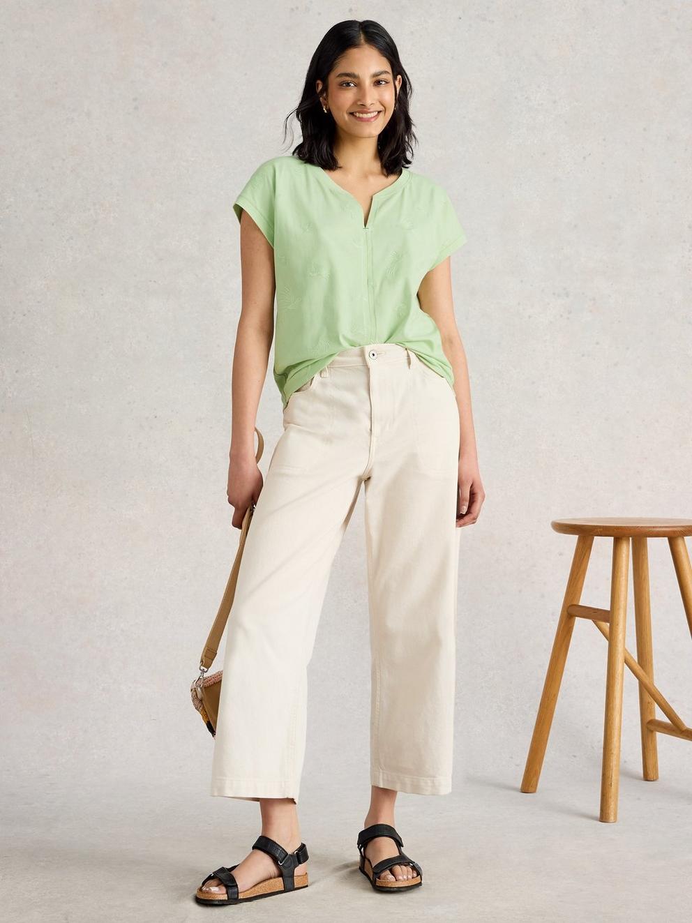 NELLY EMBROIDERED SHORT SLEEVE TEE in LGT GREEN - MODEL FRONT