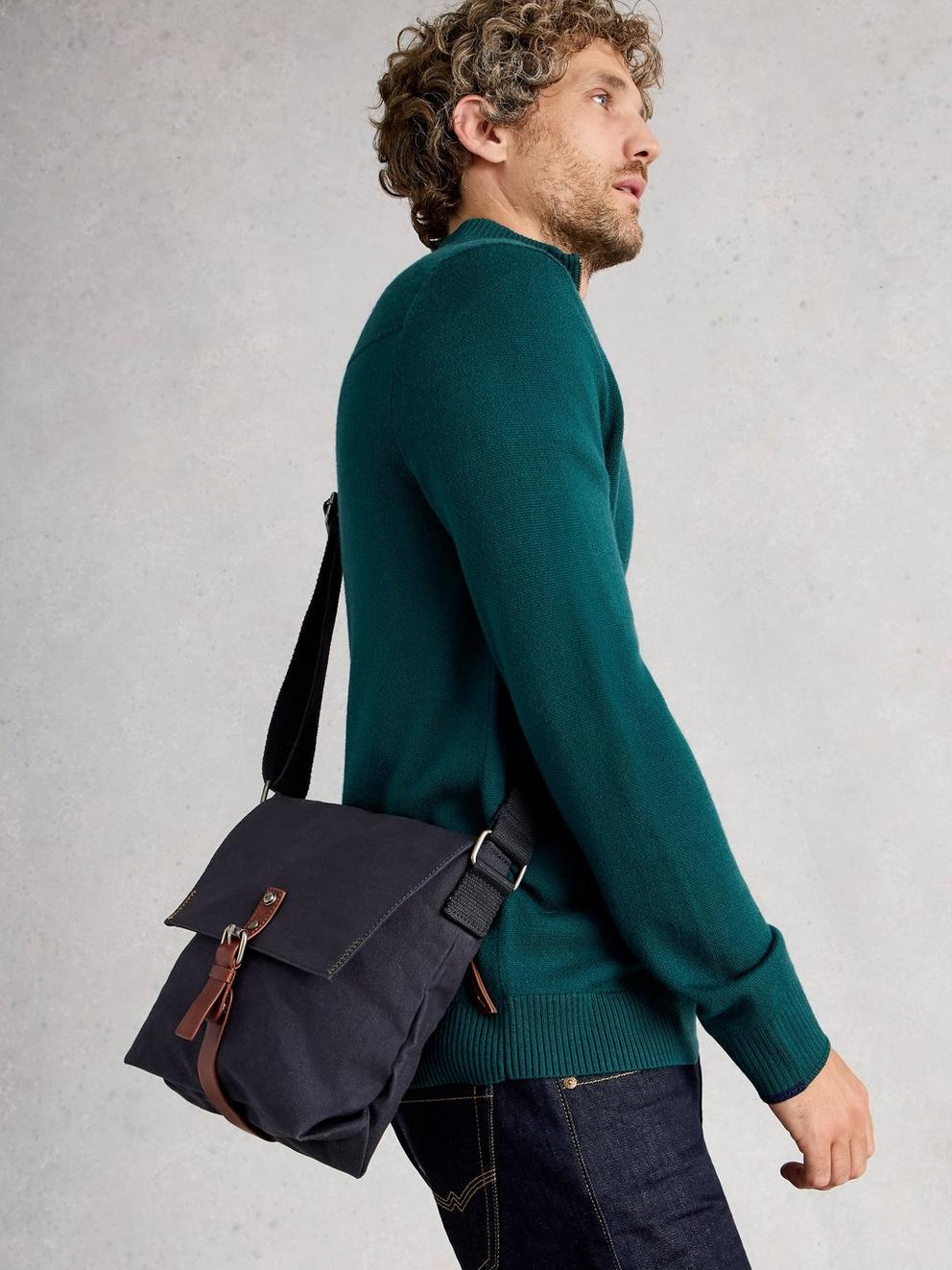 Charlie Canvas Crossbody Bag in DK BLUE - MODEL FRONT