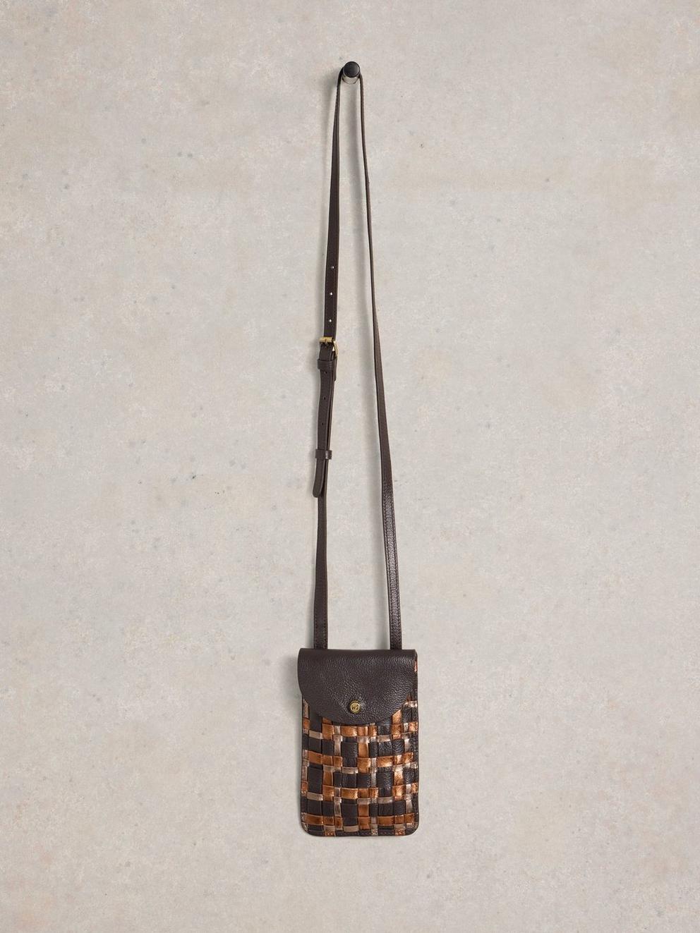 Coco Weave Leather Phone Bag in BROWN MLT - FLAT FRONT