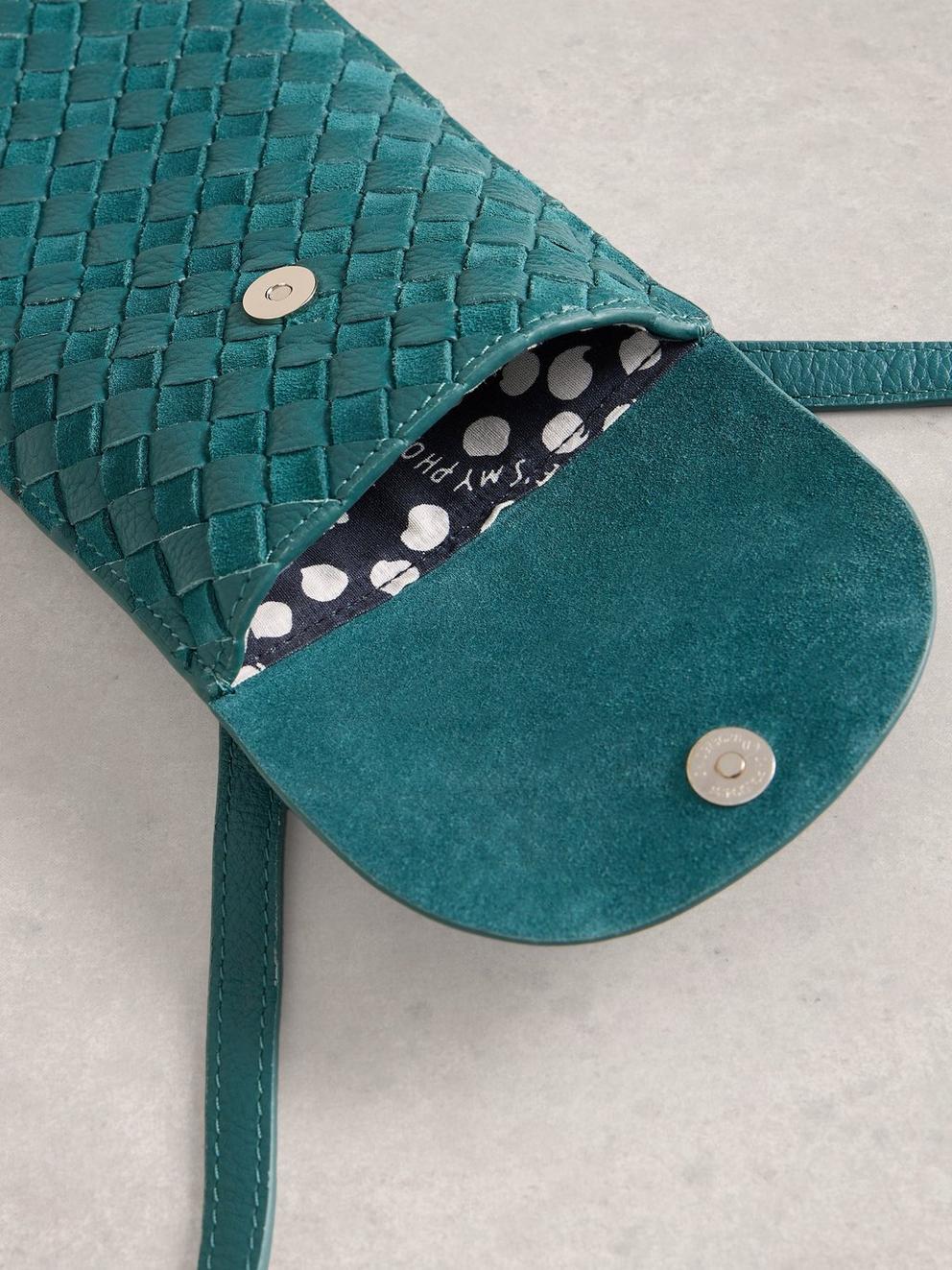 Coco Weave Leather Phone Bag in DK TEAL - FLAT DETAIL