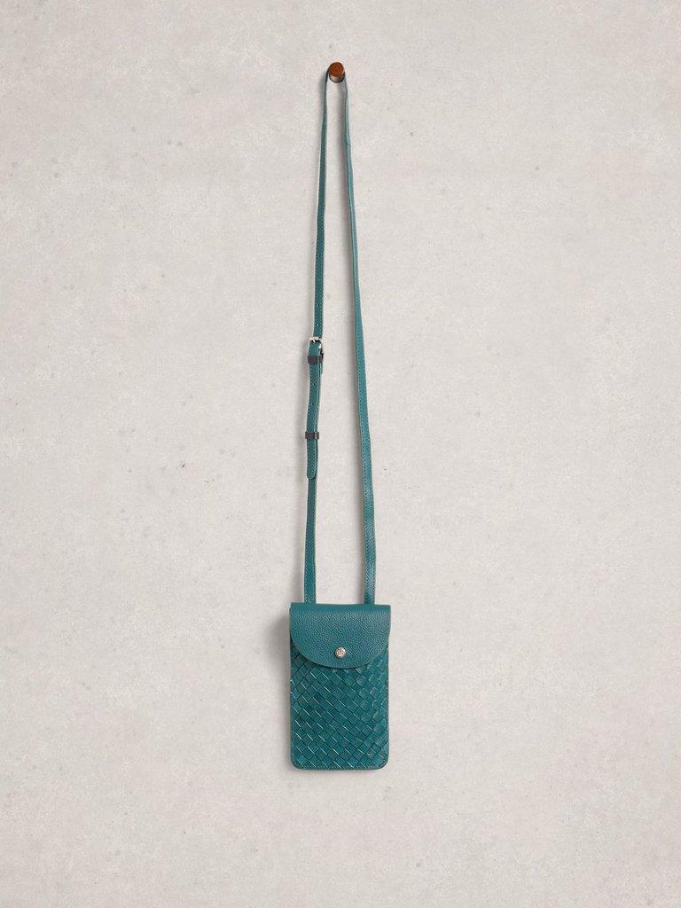 Coco Weave Leather Phone Bag in DK TEAL - FLAT FRONT