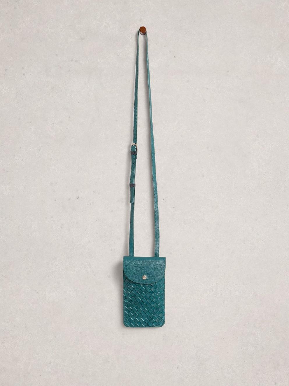 Coco Weave Leather Phone Bag in DK TEAL - FLAT FRONT