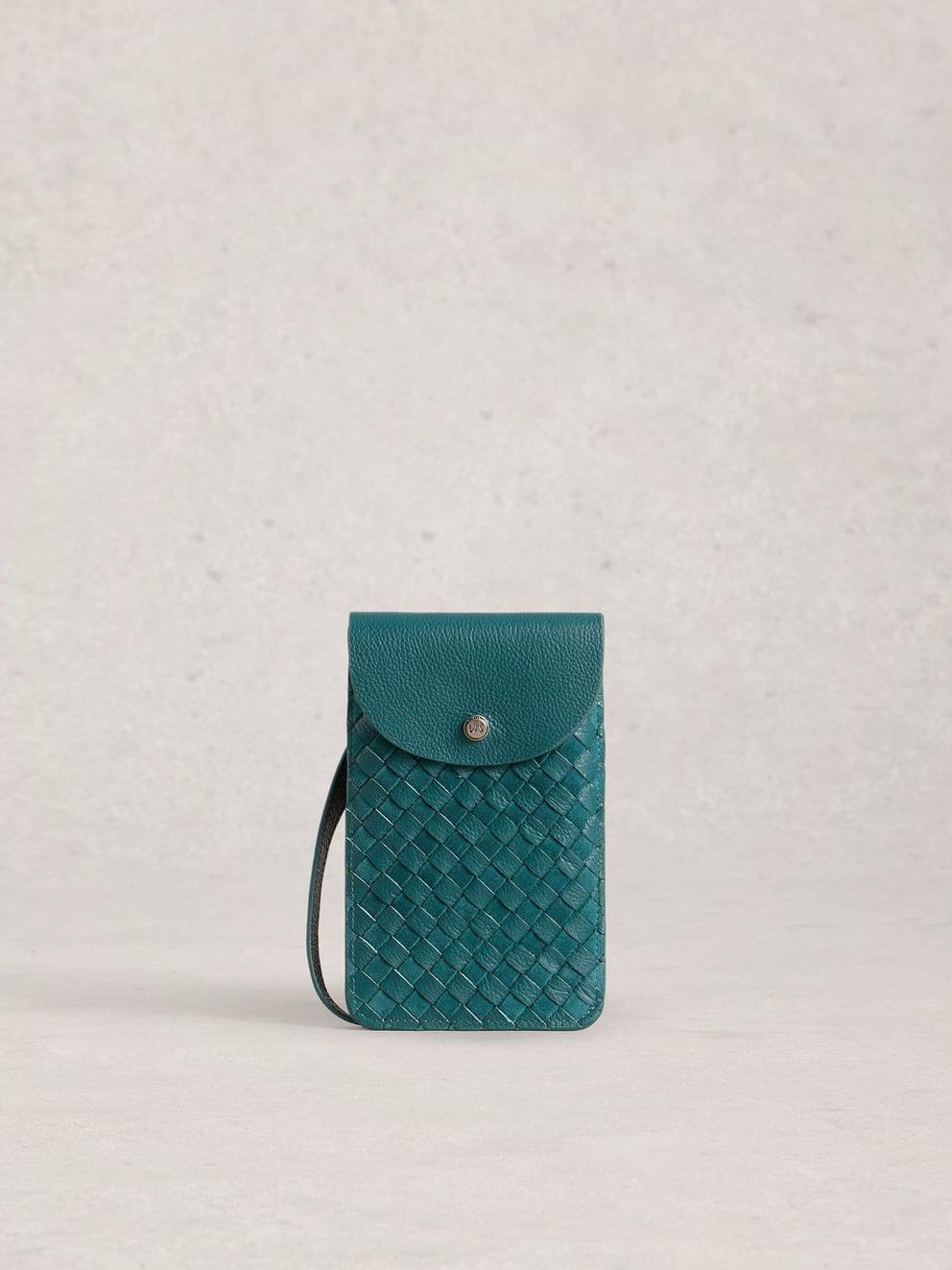 Coco Weave Leather Phone Bag in DK TEAL - LIFESTYLE