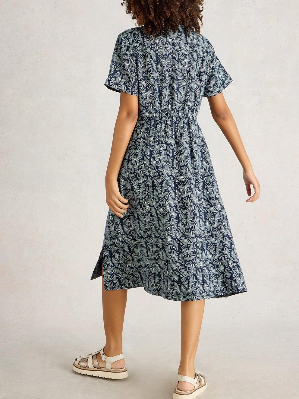 Iris Notch Neck Linen Dress in NAVY PR - MODEL BACK