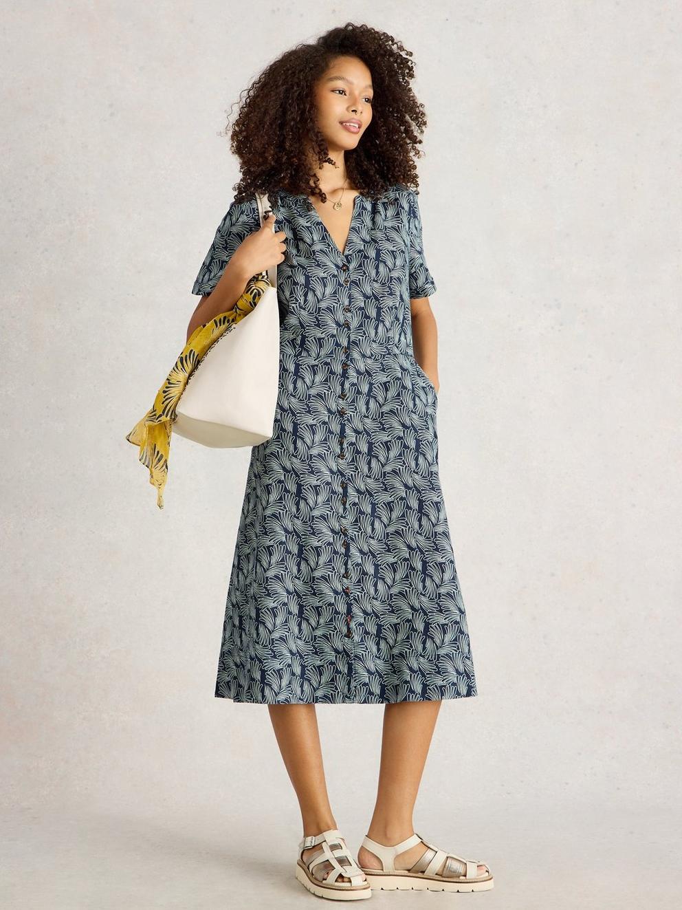 Iris Notch Neck Linen Dress in NAVY PR - MODEL FRONT