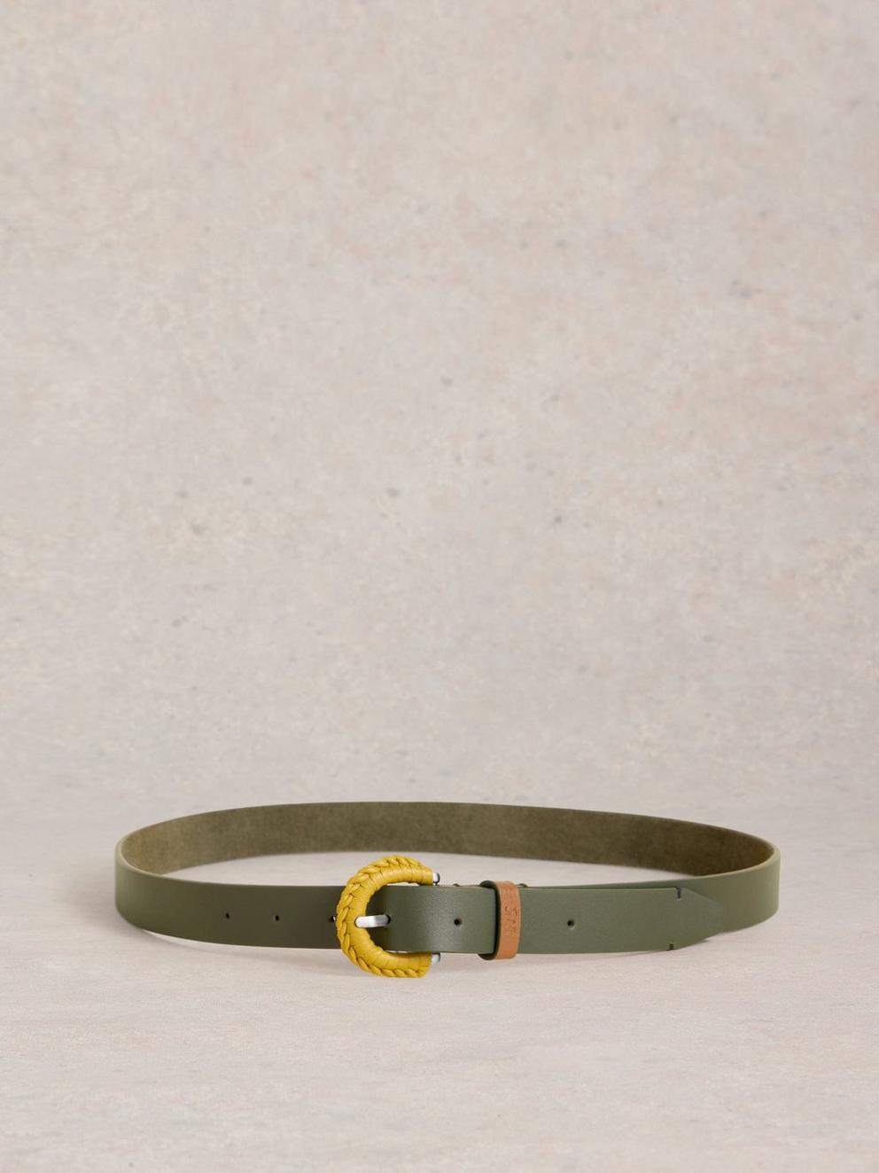 Womens Woven Buckle Belt in KHAKI GRN - FLAT BACK