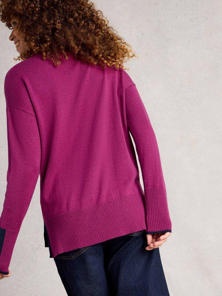 OLIVE LONG SLEEVE CREW NECK JUMPER in DK PLUM - MODEL BACK