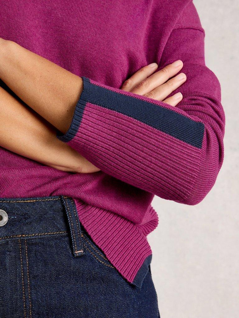 OLIVE LONG SLEEVE CREW NECK JUMPER in DK PLUM - MODEL DETAIL
