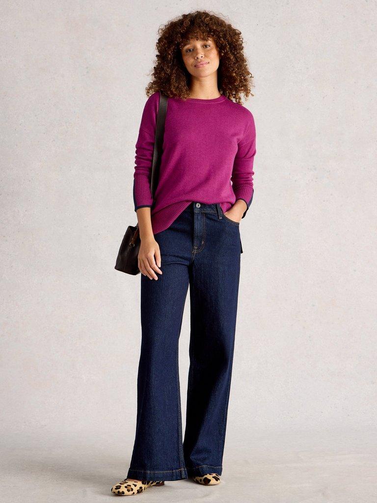 OLIVE LONG SLEEVE CREW NECK JUMPER in DK PLUM - MODEL FRONT