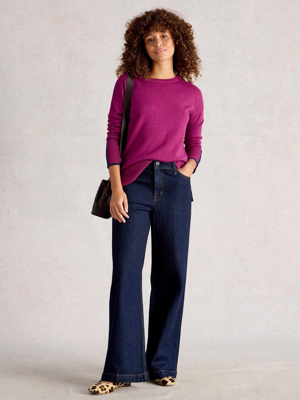 OLIVE LONG SLEEVE CREW NECK JUMPER in DK PLUM - MODEL FRONT