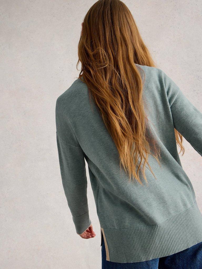 OLIVE LONG SLEEVE CREW NECK JUMPER in DUS GREEN - MODEL BACK