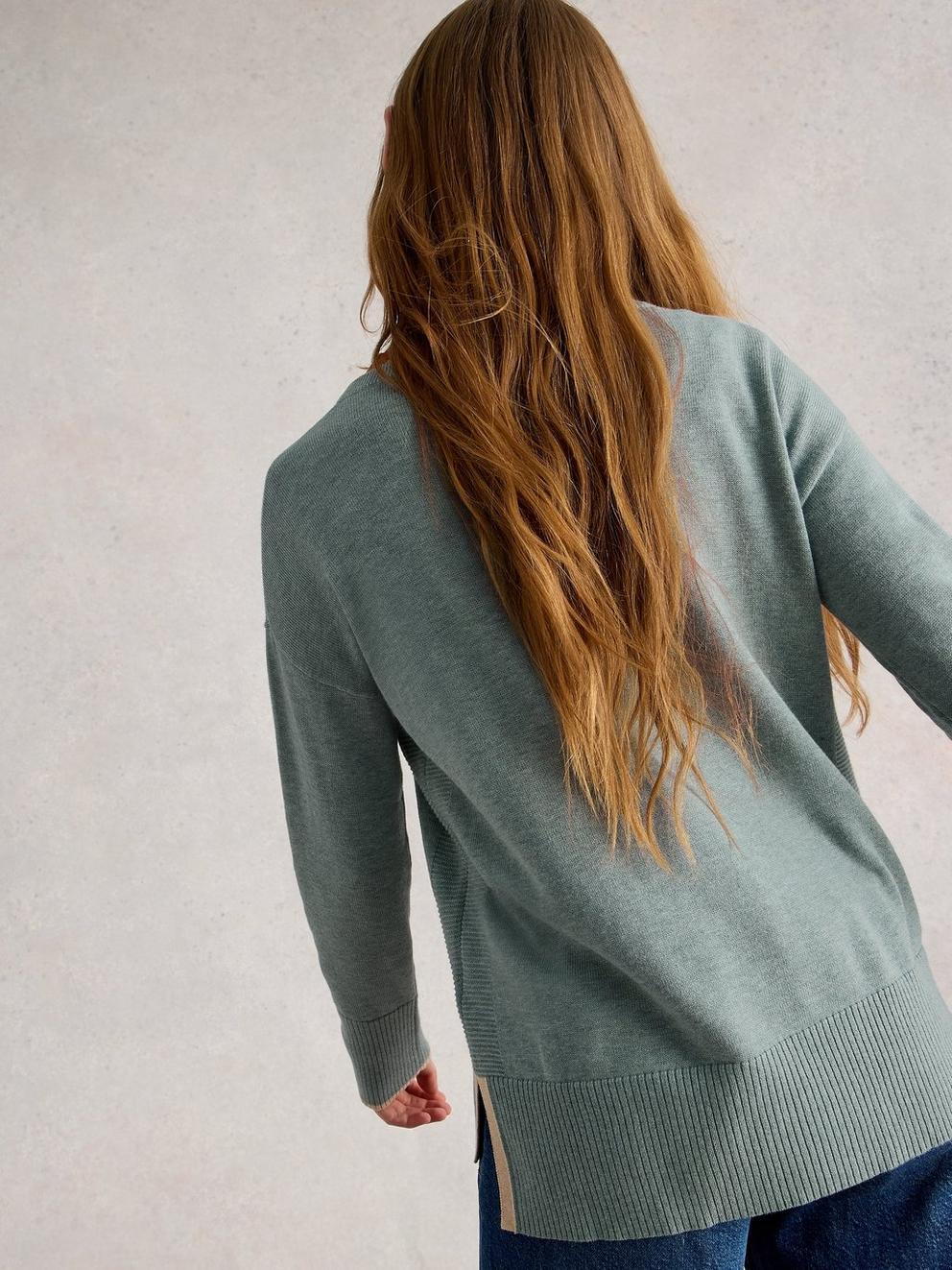 OLIVE LONG SLEEVE CREW NECK JUMPER in DUS GREEN - MODEL BACK