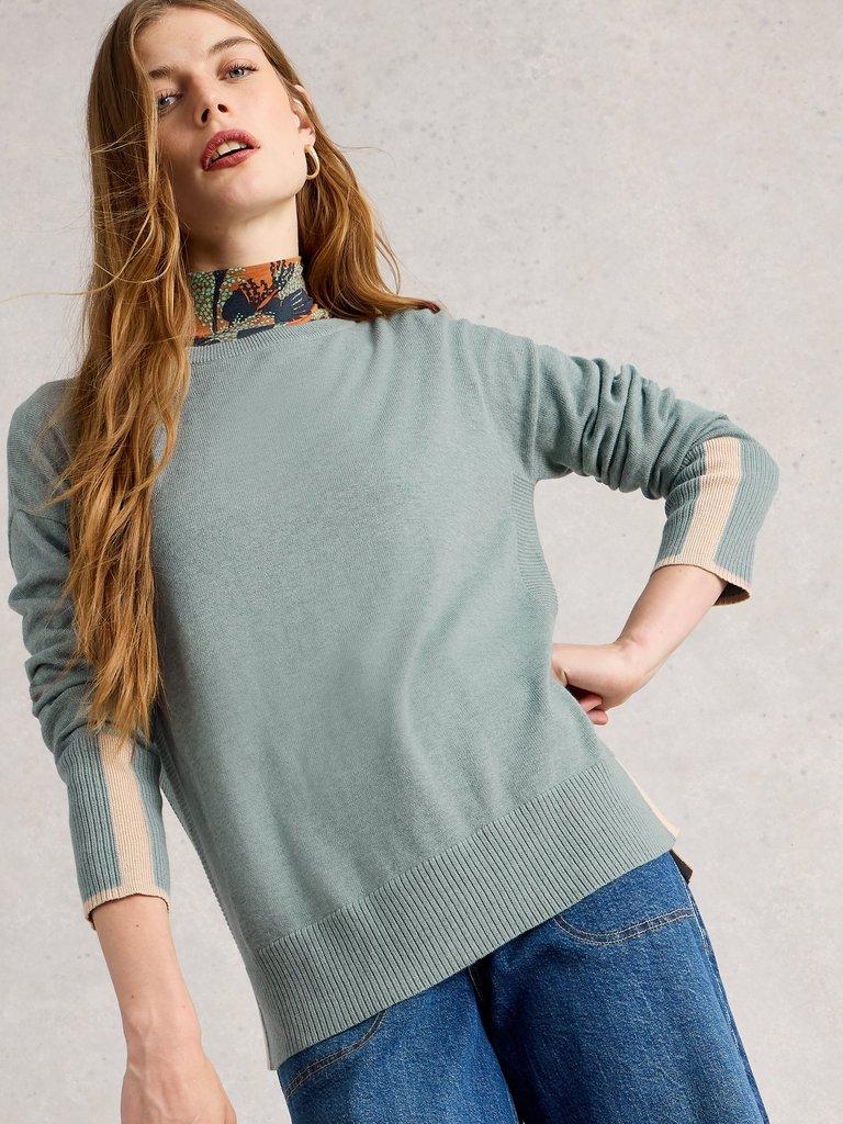 OLIVE LONG SLEEVE CREW NECK JUMPER in DUS GREEN - MODEL DETAIL
