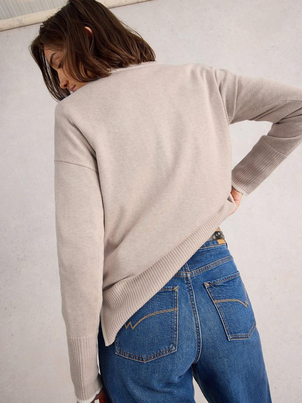 OLIVE LONG SLEEVE CREW NECK JUMPER in LGT NAT - MODEL BACK