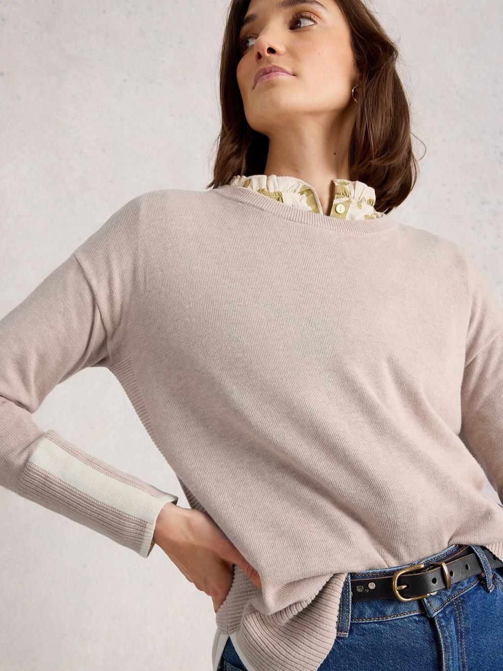 OLIVE LONG SLEEVE CREW NECK JUMPER in LGT NAT - MODEL DETAIL