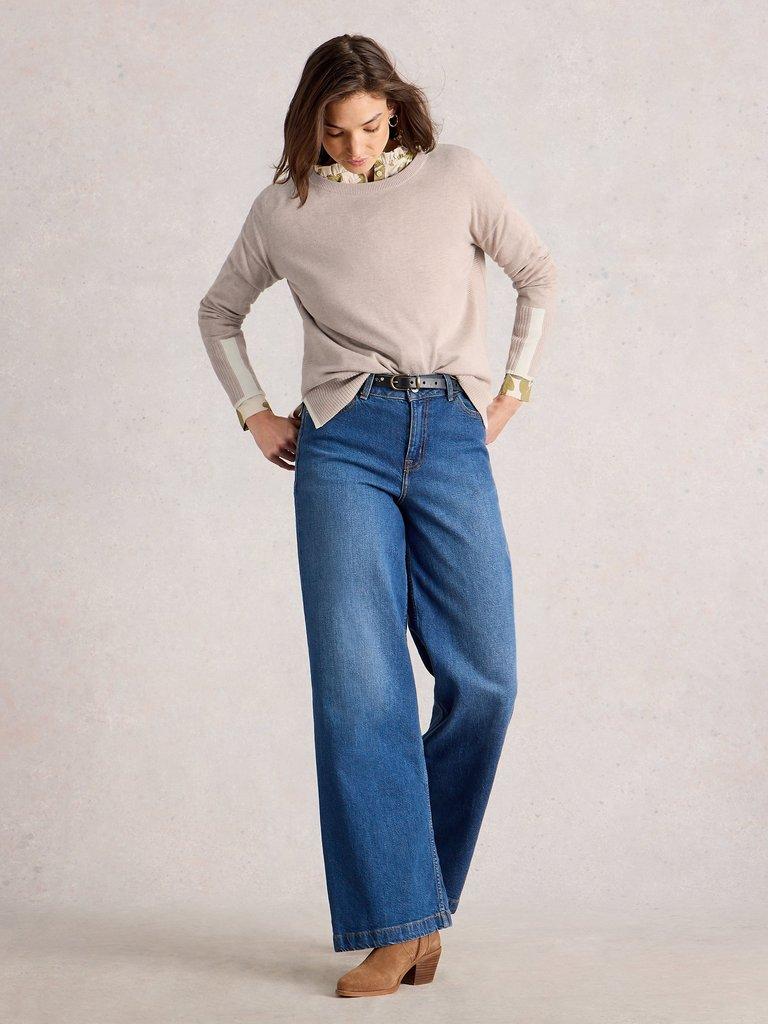 OLIVE LONG SLEEVE CREW NECK JUMPER in LGT NAT - MODEL FRONT