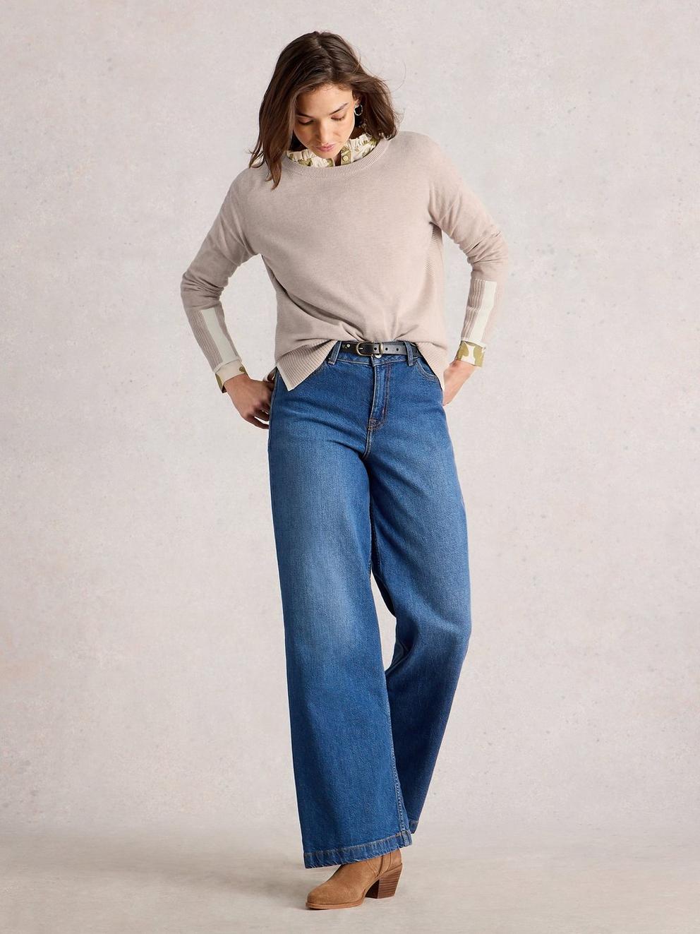 OLIVE LONG SLEEVE CREW NECK JUMPER in LGT NAT - MODEL FRONT