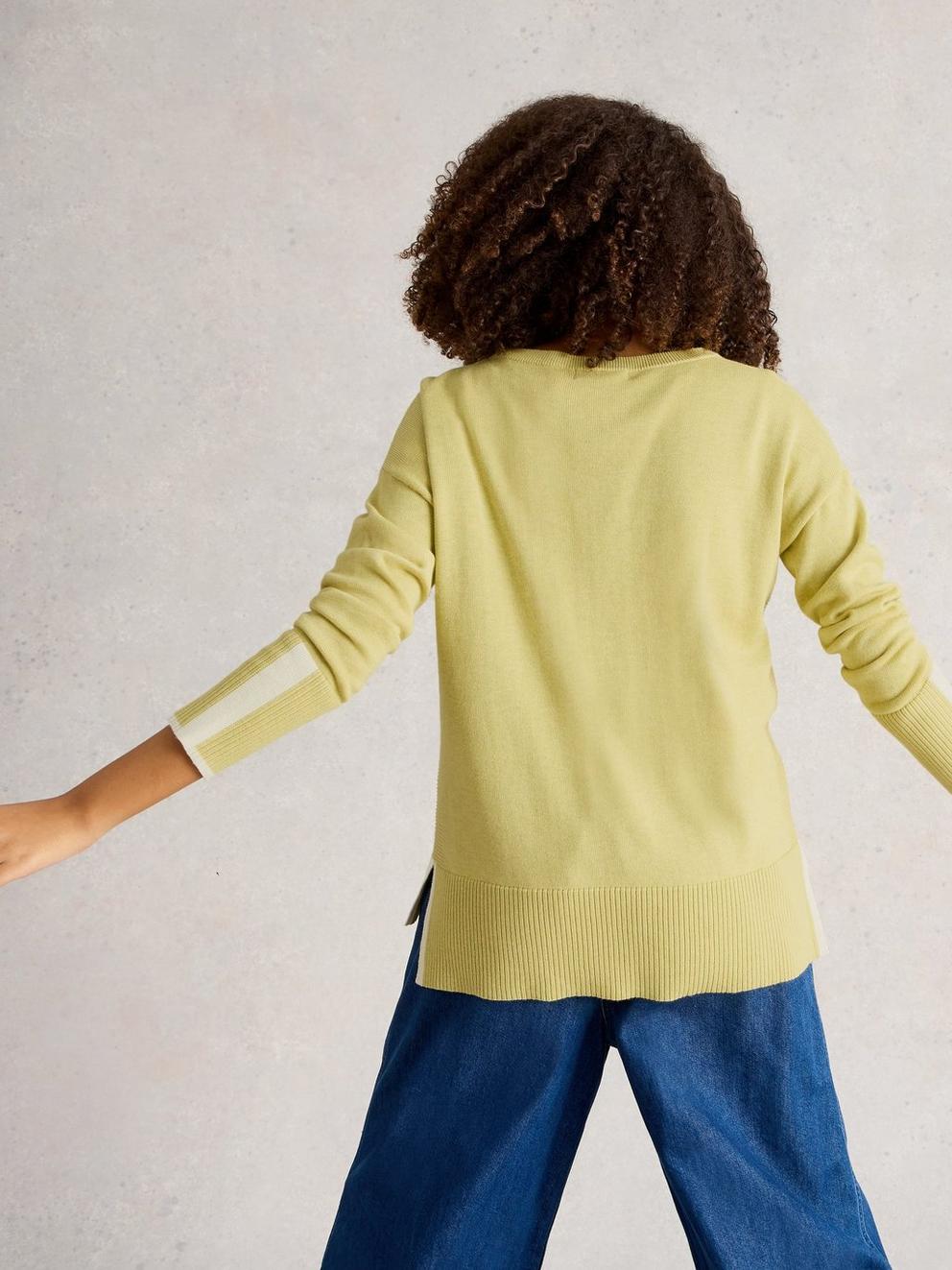OLIVE LONG SLEEVE CREW NECK JUMPER in LGT YELLOW - MODEL BACK
