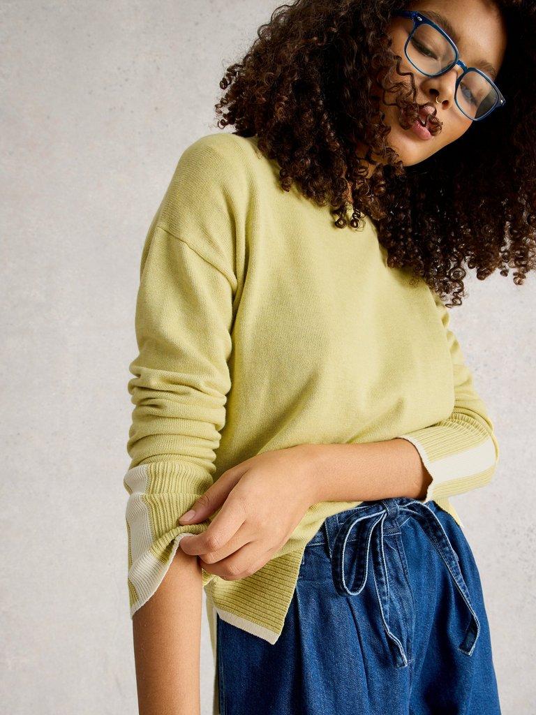 OLIVE LONG SLEEVE CREW NECK JUMPER in LGT YELLOW - MODEL DETAIL