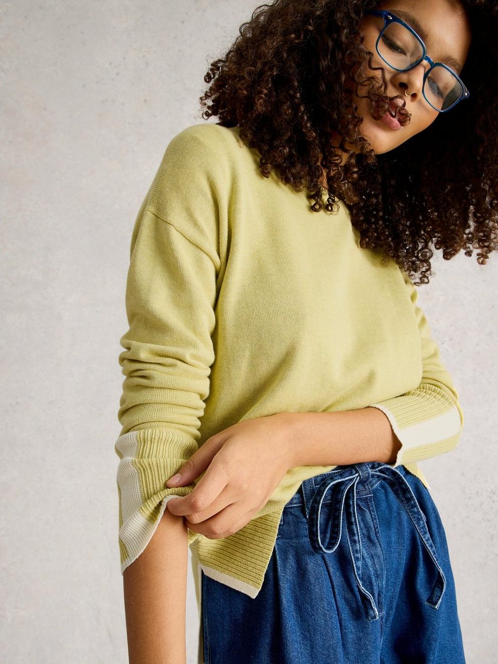OLIVE LONG SLEEVE CREW NECK JUMPER in LGT YELLOW - MODEL DETAIL